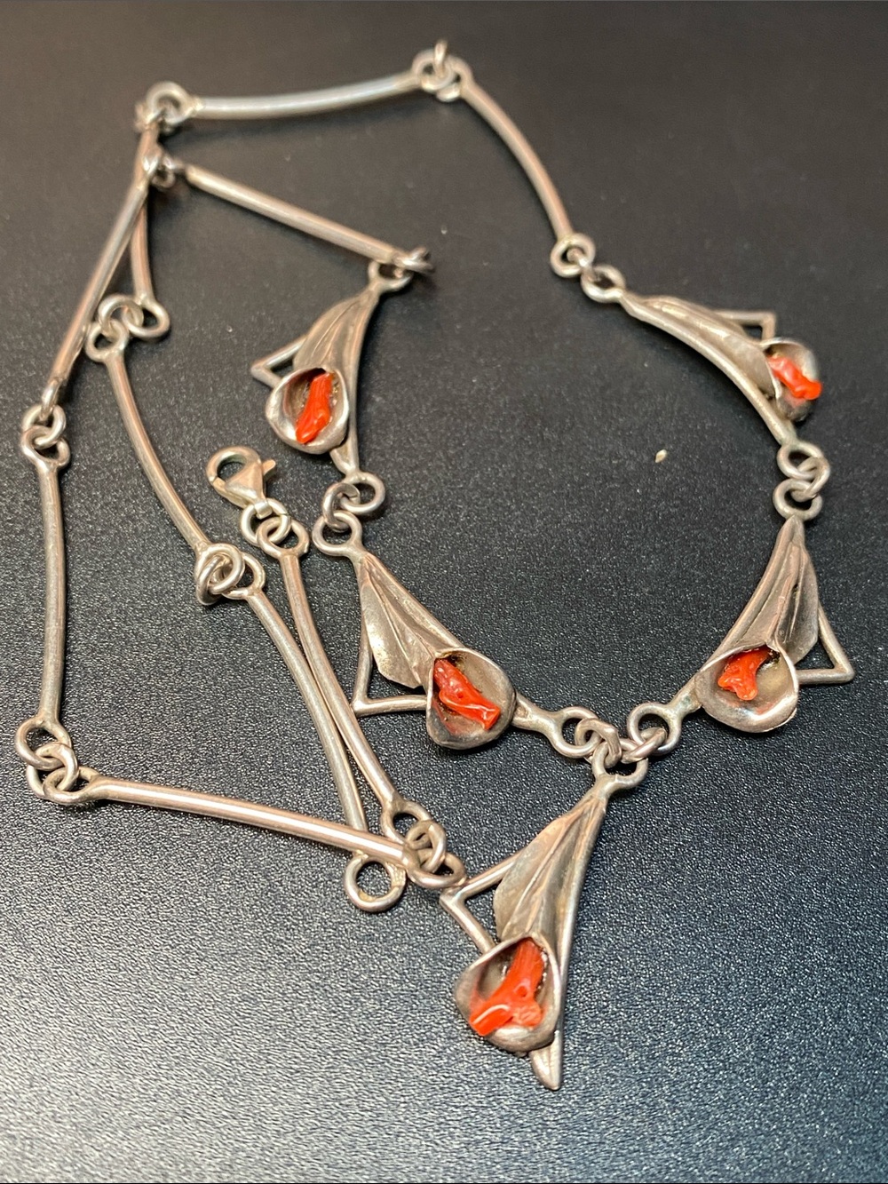 Art Nouveau Style Silver Necklace With Red Coral Accents Floral Pendant Handcraf